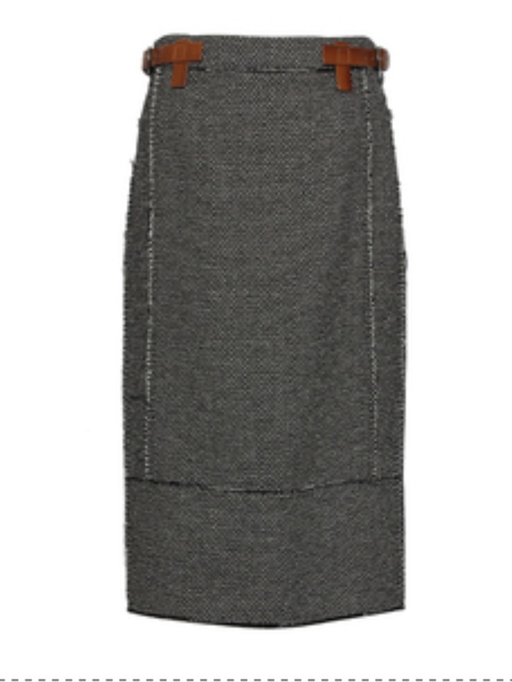 Tom Ford Gray Tweed Midi Skirt with Brown Leather Accent